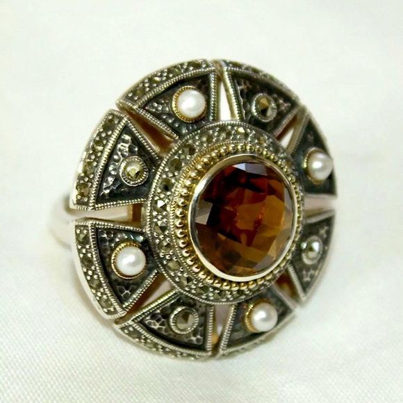 JUDITH JACK Citrine Sterling Silver Marcasite Cocktail Ring NWT - Picture 4 of 11
